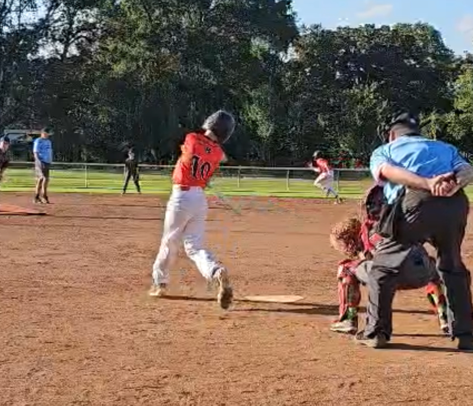 Dirt Dogs batter swinging in orange jersey